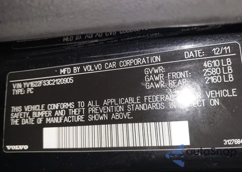 2012 Volvo S60 T5 from USA, damaged, VIN YV1622FS3C2120905